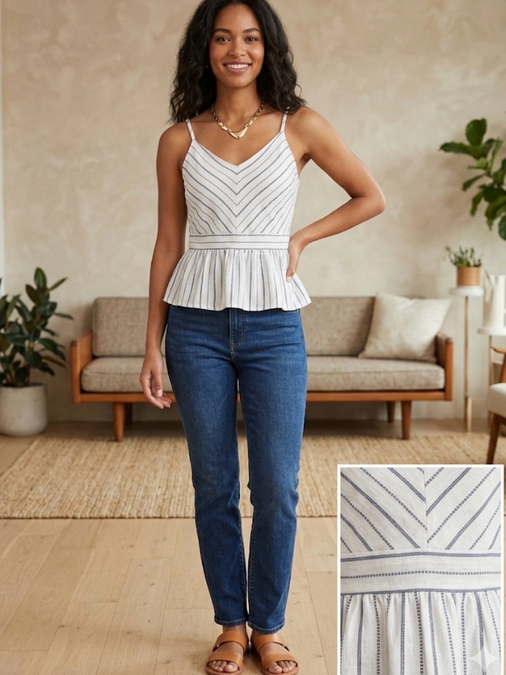 Monteau White Striped Peplum Cami Top size M